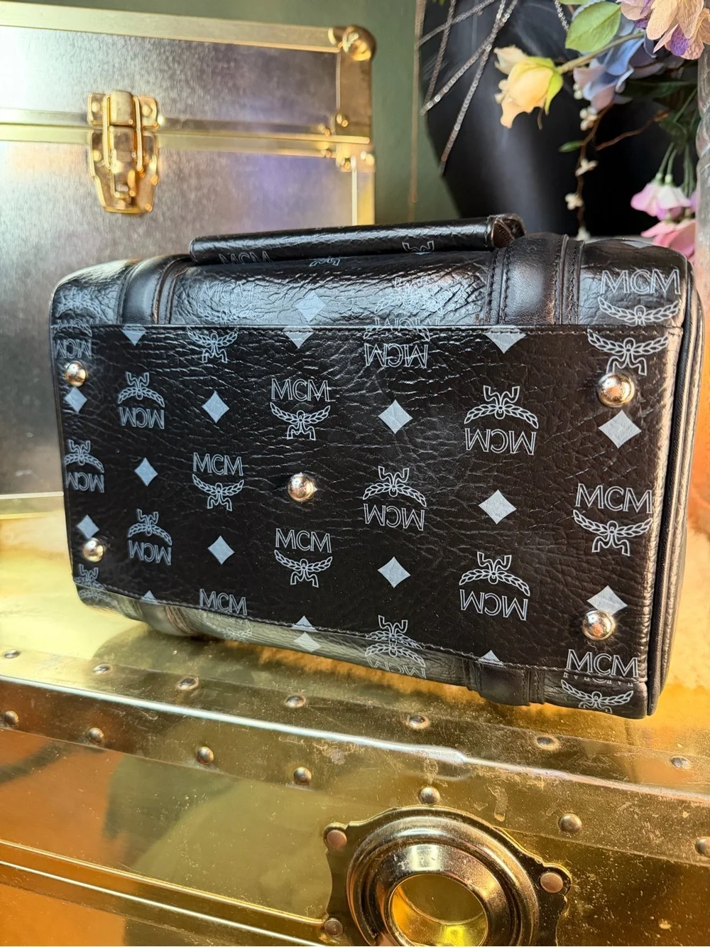 MCM Black Monogram Satchel Boston with Green-Silver-Orange MCM Charm